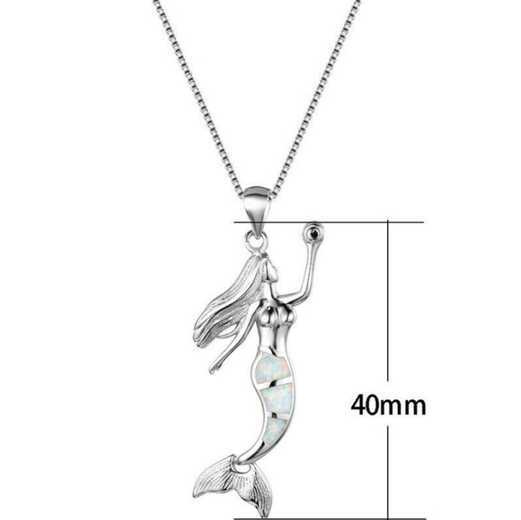 925 Silver Mermaid White Fire Opal Necklace - Picture 2 of 4